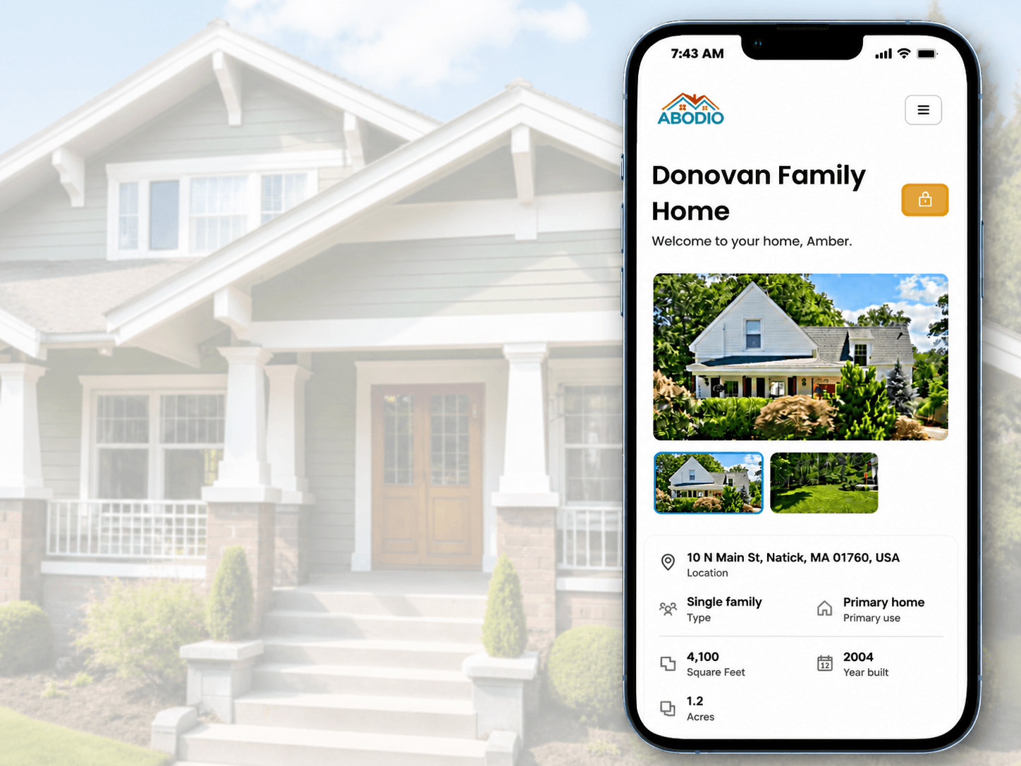 Smartphone displaying a home management app with details about the Donovan Family Home, overlaid on an image of a suburban house.